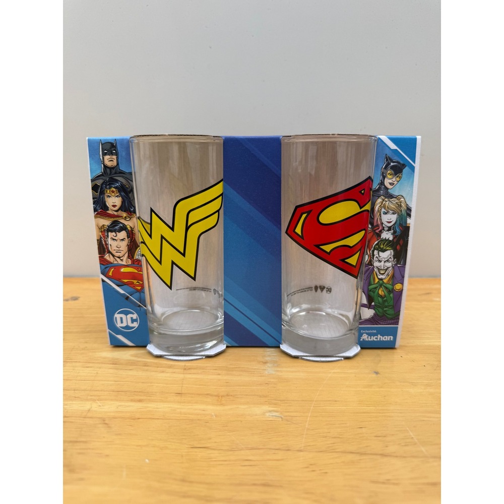 DC Comics Justice League Superman Wonder Woman 2 pc Glass Set Auchan Exclusive